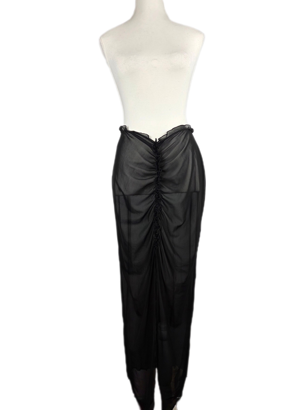 Black Semi-Sheer Ruched Maxi Skirt Cover Up Club Wear